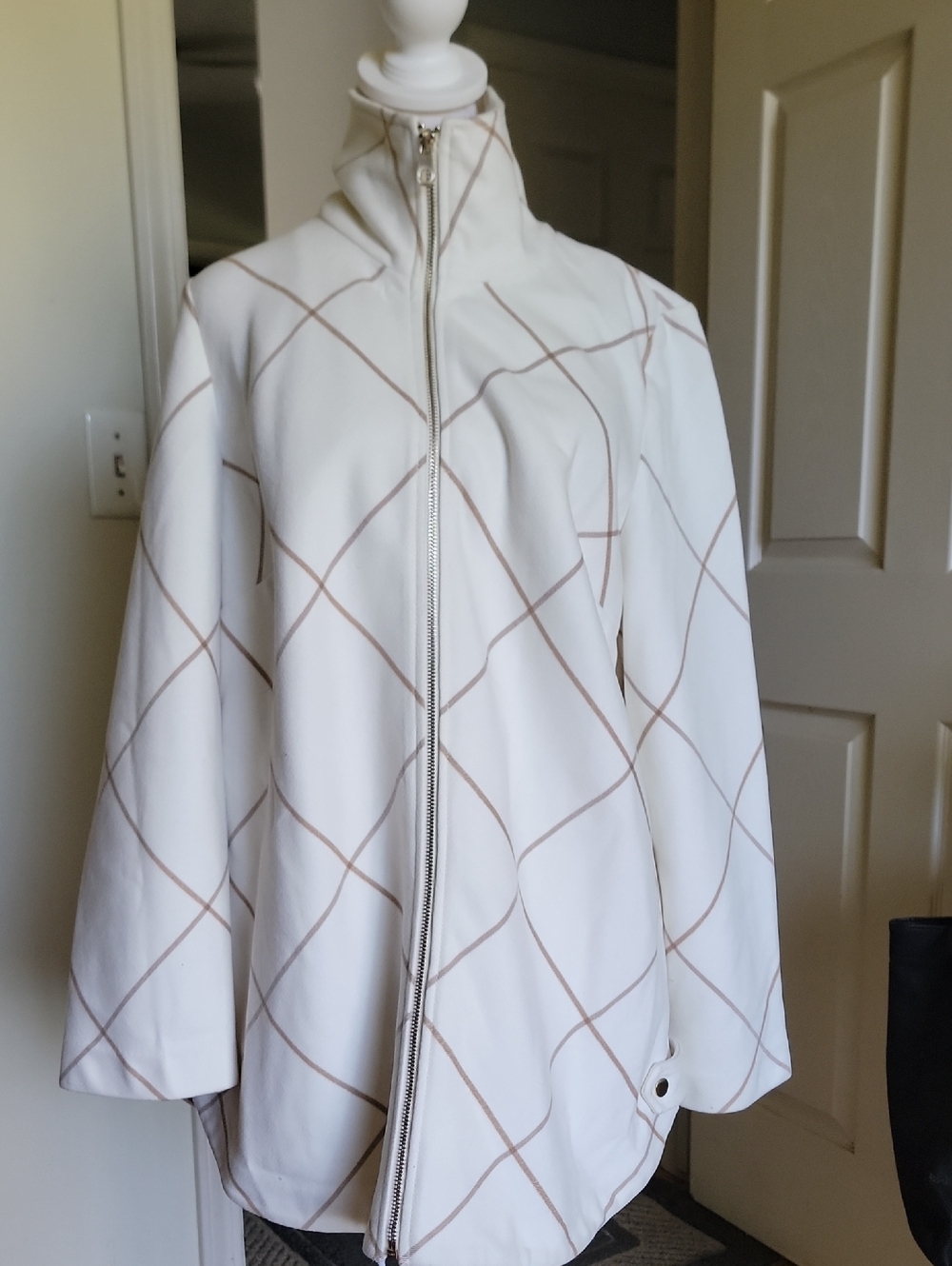 Chico's Women's White Zip-Front Jacket with Beige Grid Print